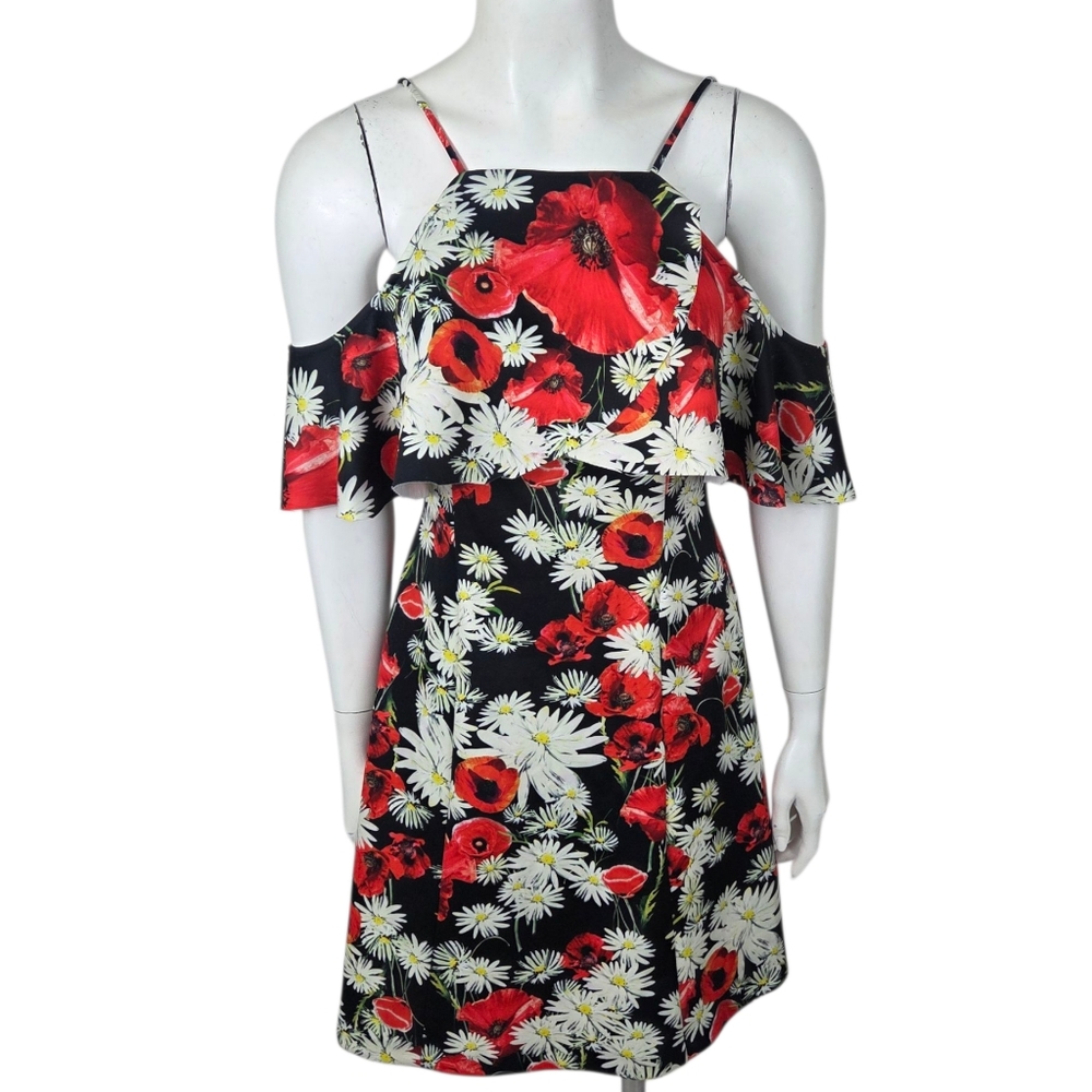 Alexia Admor Floral Mini Dress Womens 8 Black Red Cold Shoulder Scuba Stretch